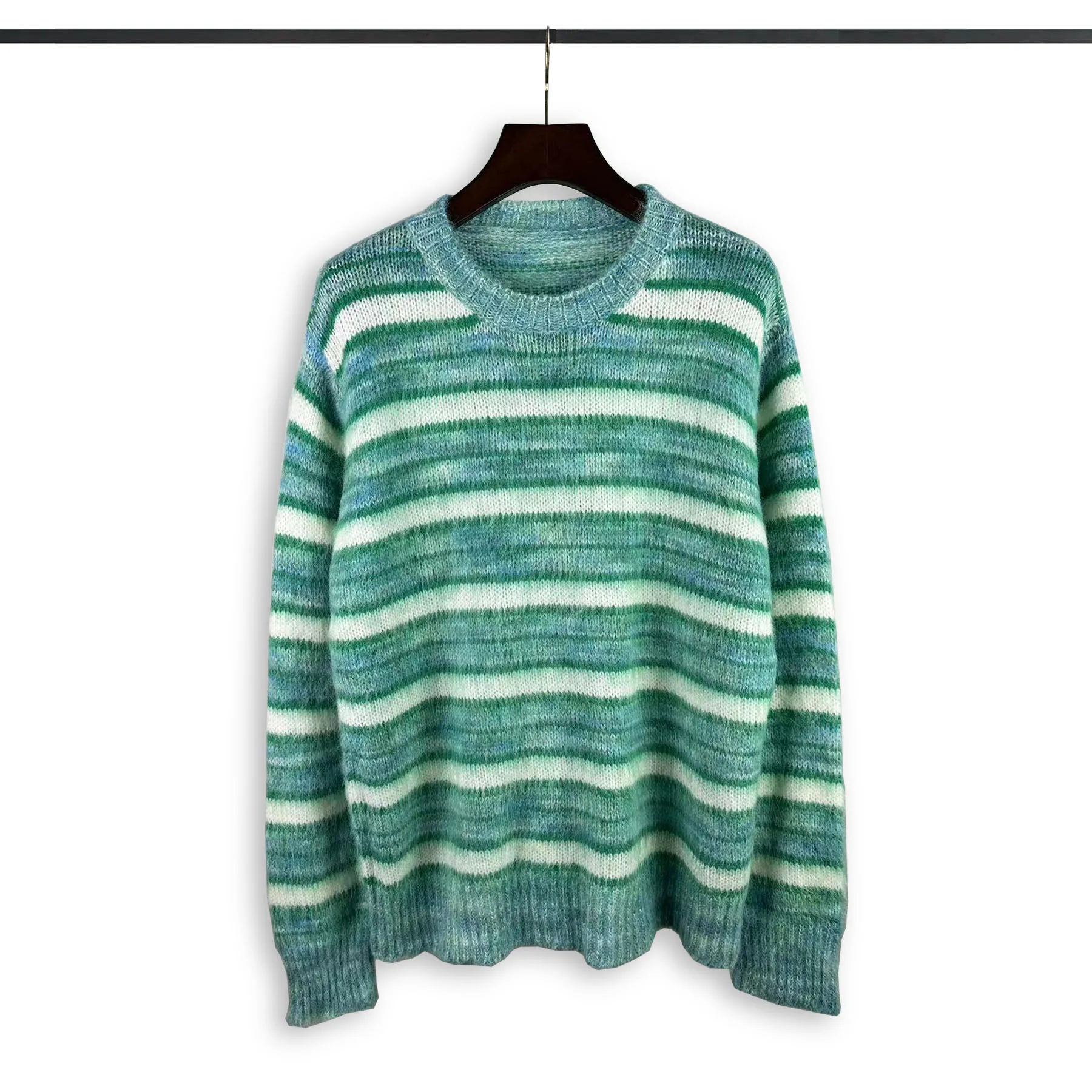 Korean Fashion Striped Patchwork Mohair Knitted Sweaters Retro Mens Oversized Knitwears Y2k Harajuku Female Round Neck Sweaters