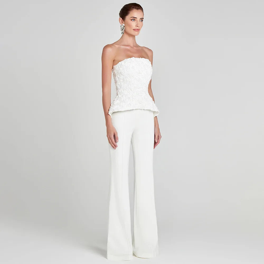 Women White Flower Embellished 2 Pcs Set Strapless 3D Flower Top High Waist Slim Long Pant  Evening Club Luxury Birthday Outfit