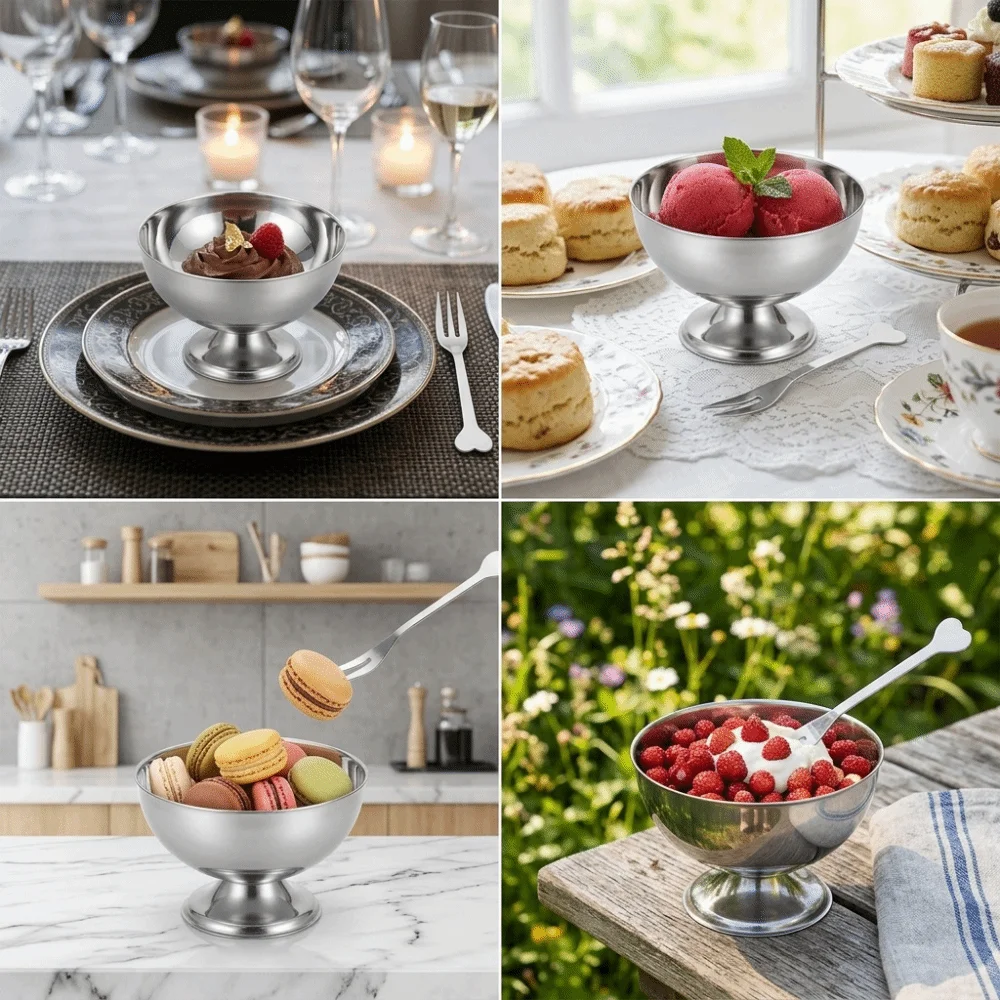 Reusable High Foot Goblet Polished Rustless Steel Pudding Cup with Fork Thickened Dessert Cup Home