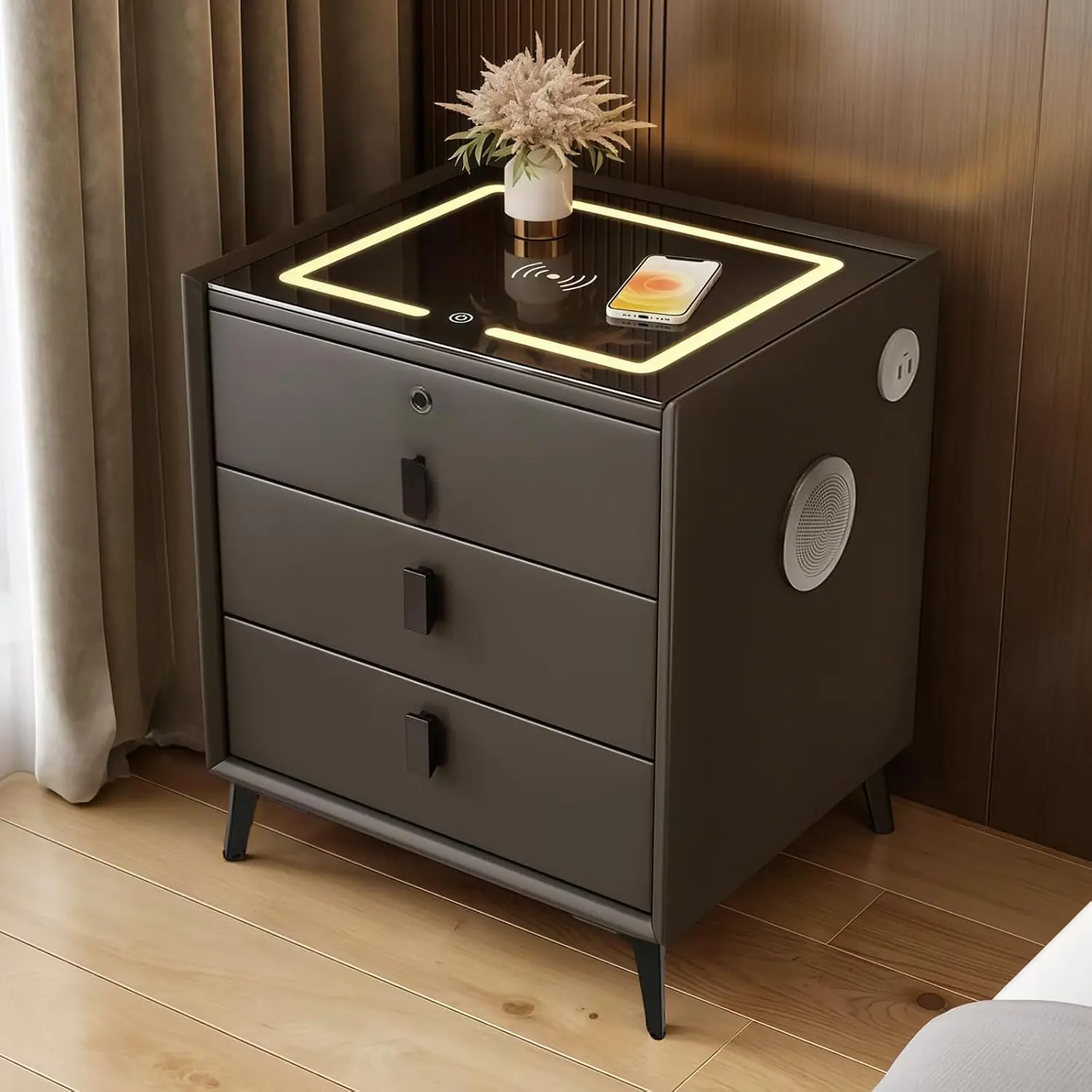 Smart Smart Nightstand with Charging Station, Adjustable LED, Bluetooth Speaker, USB Ports, Fingerprint Lock, Bed Side, Customized - Aliexpress Deal
