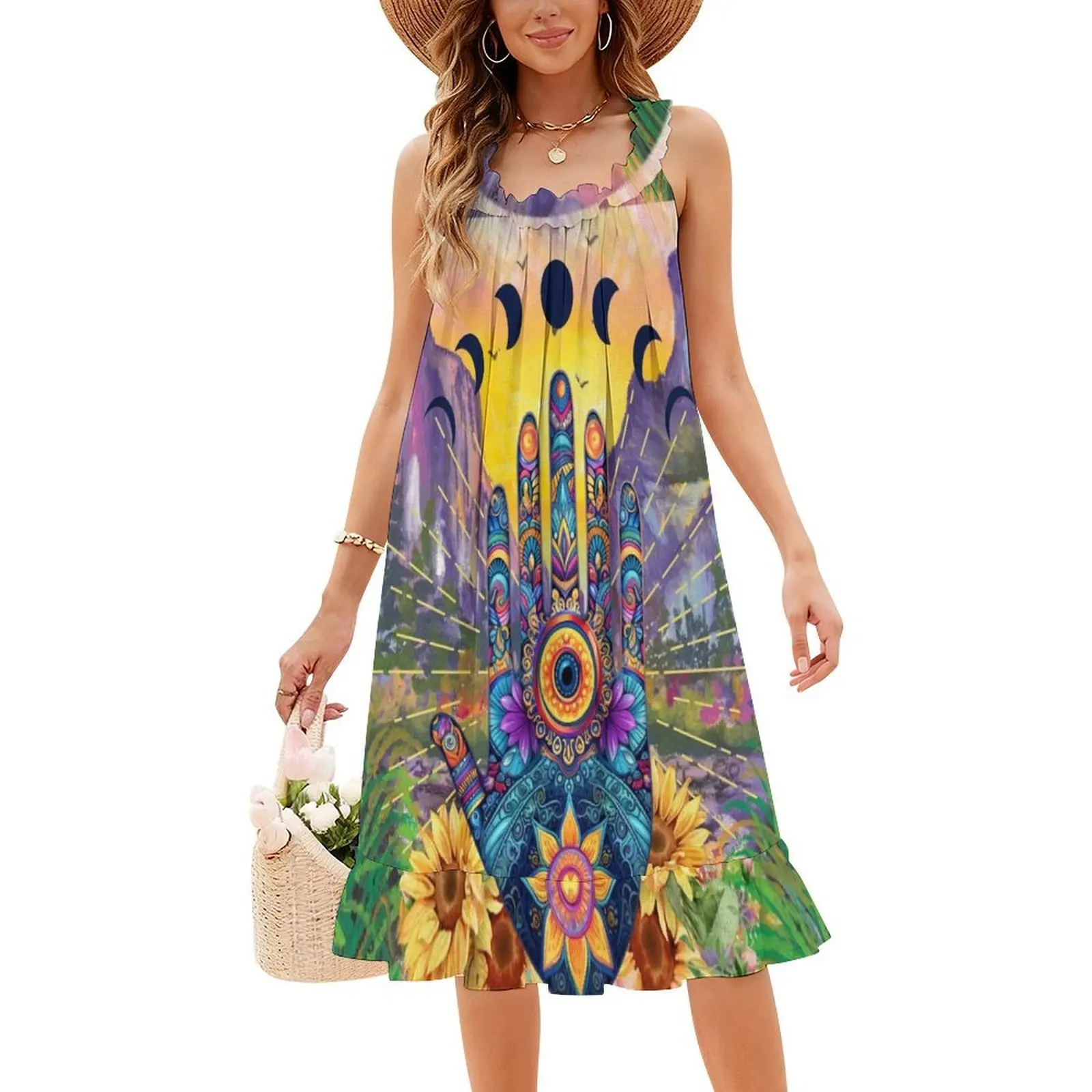 همسة يد السلام يد فاطمة البوهيمي فستان بلا أكمام متعدد الطباعة شاطئ عطلة فستان الحفلات همسة يد همسة يد