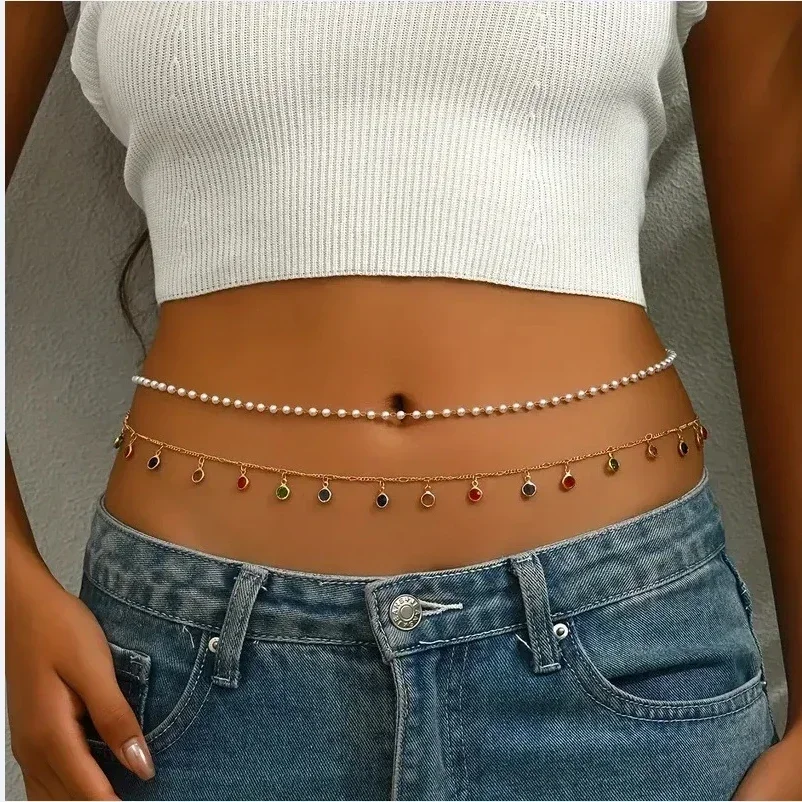 Versatile Waist Chain Female Sexy Crystal Body Chain Beach Bikini Waist Chain Simple Double-layer Rhinestone Pentagram Pendant