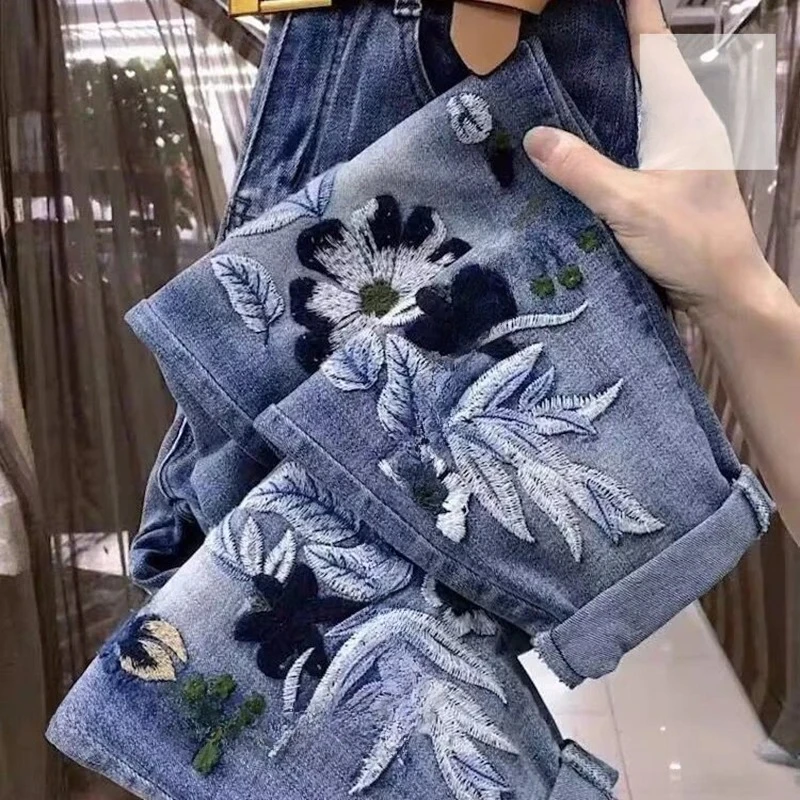 

Korean retro jacquard high waist straight jeans women's spring and autumn new plus size fashion Joker slim loose wide-leg pants.
