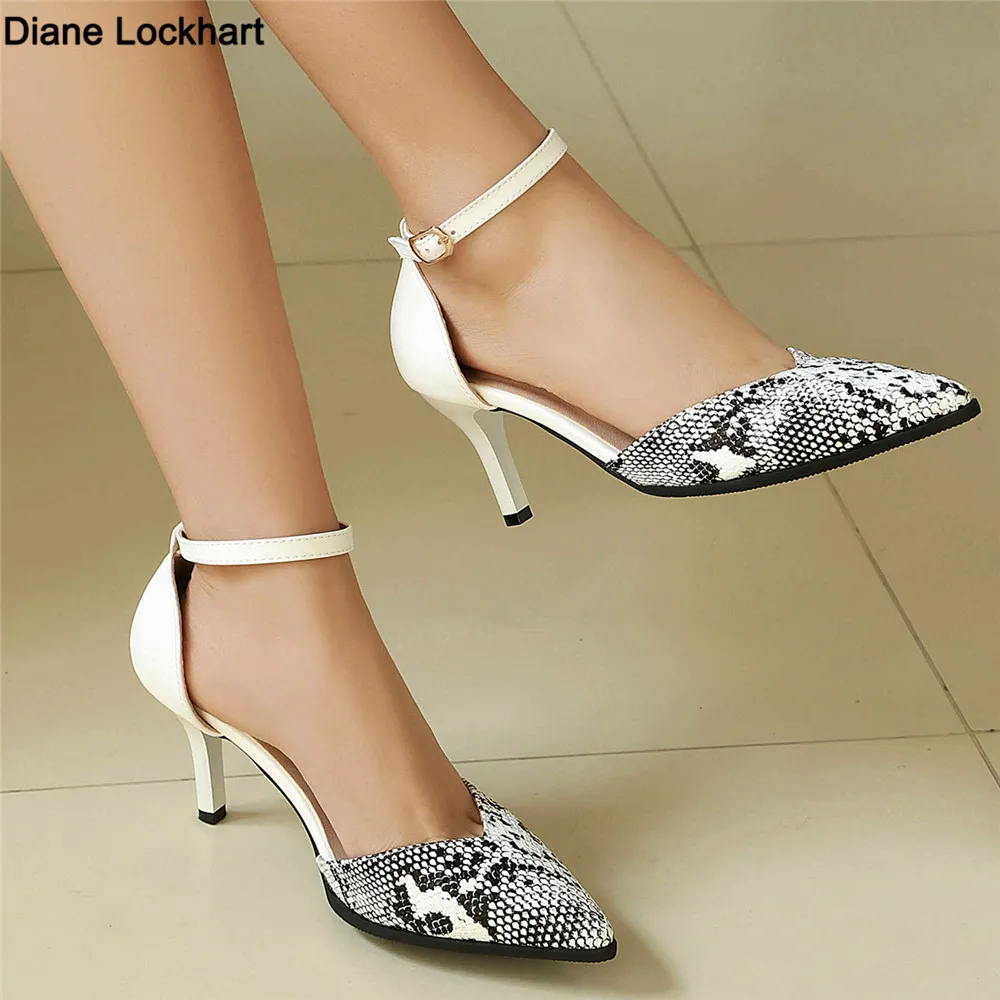 

Women Snake Print Pointed Toe Stiletto Pumps Ankle Buckle Strap Hollow Out High Heels Dress Shoes Party Office Wedding Sandals