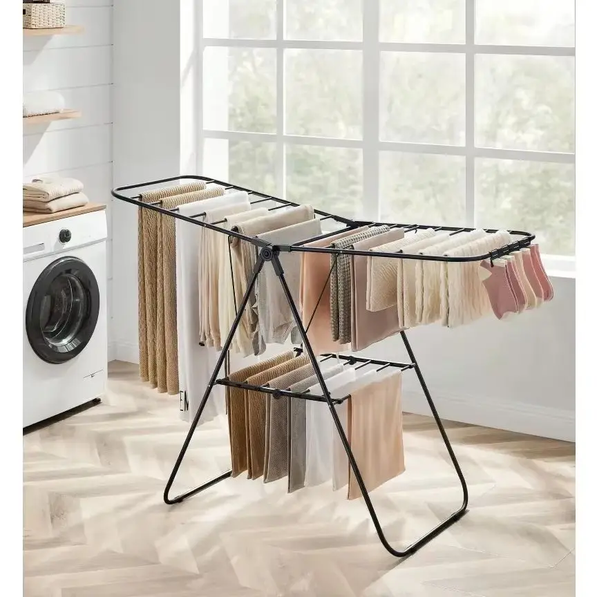 

Clothes Drying Rack, With Sock Clips, Metal Laundry Rack, Foldable, SpaceSaving, FreeStanding Airer, With HeightAdjustable Gull