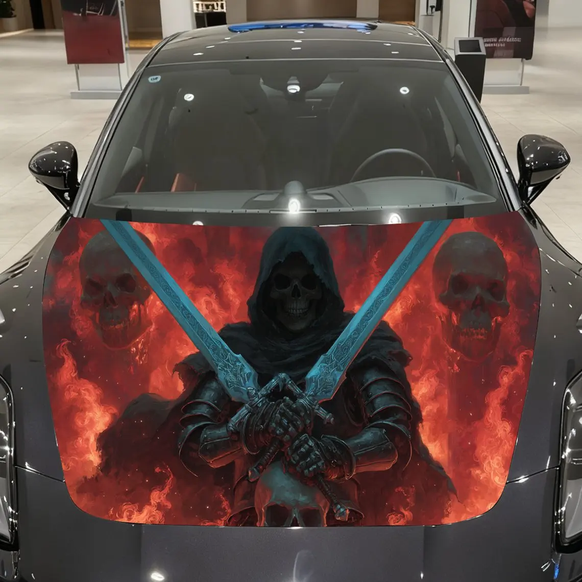 Flame Realm Twin Swords Death God Etiqueta engomada del embalaje del capó del coche, material de PVC, autoadhesivo impermeable, pintura antideslizante, exterior del coche
