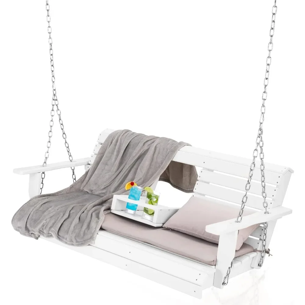 Outdoor Hanging Chair with Cup Holders Swinging Bench for Patios, Backyard HDPE Seating, Sturdy Steel Chains