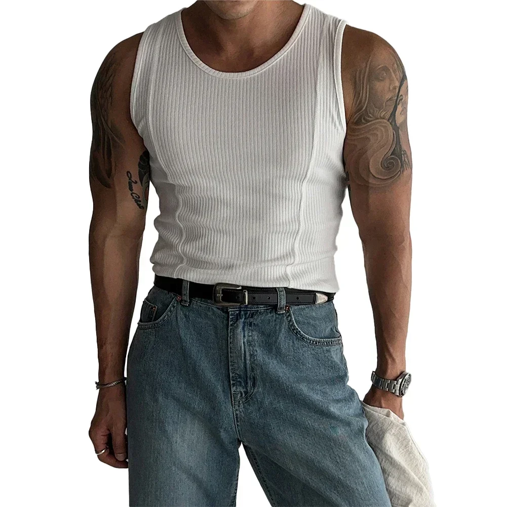 Male Top Mens Vest Fitness Leisure Minimalist O-Neck Regular Ribbed Sleeveless Sports Stripe Tank Top Vertical