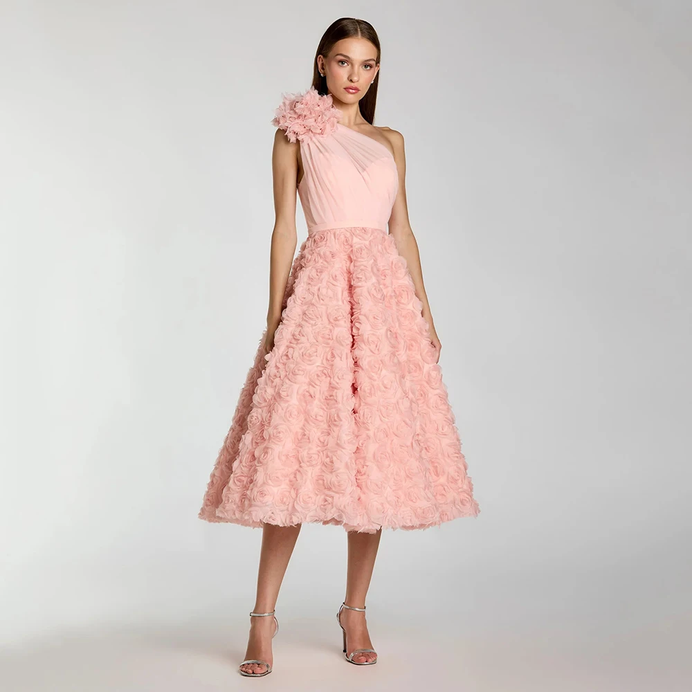 Maßgeschneidertes Ballkleid mit 3D-Blumen, One-Shoulder, A-Linie, Damen-Abendkleid, Teelänge, Gürtel, Luxuriöses Formelles Partykleid, Midi 2026