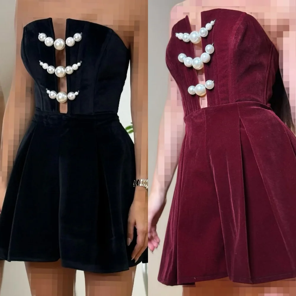 Customized Classic Elegant Velour Pearl Pleat A-line Strapless Mini Dresses Bespoke Occasion Dresses Modern Style High Quality