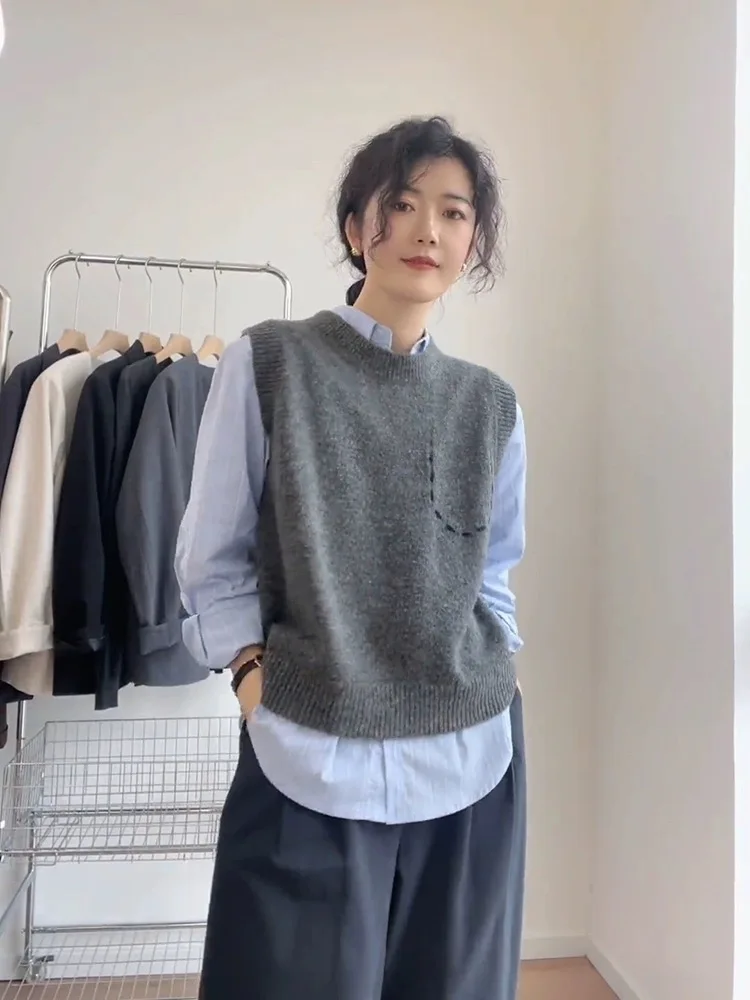 سترة Ele Round Ne Camere للسيدات ملابس خارجية فضفاضة محبوكة من الصوف وسادة كتف فرنسية Sle لون نقي ناعم