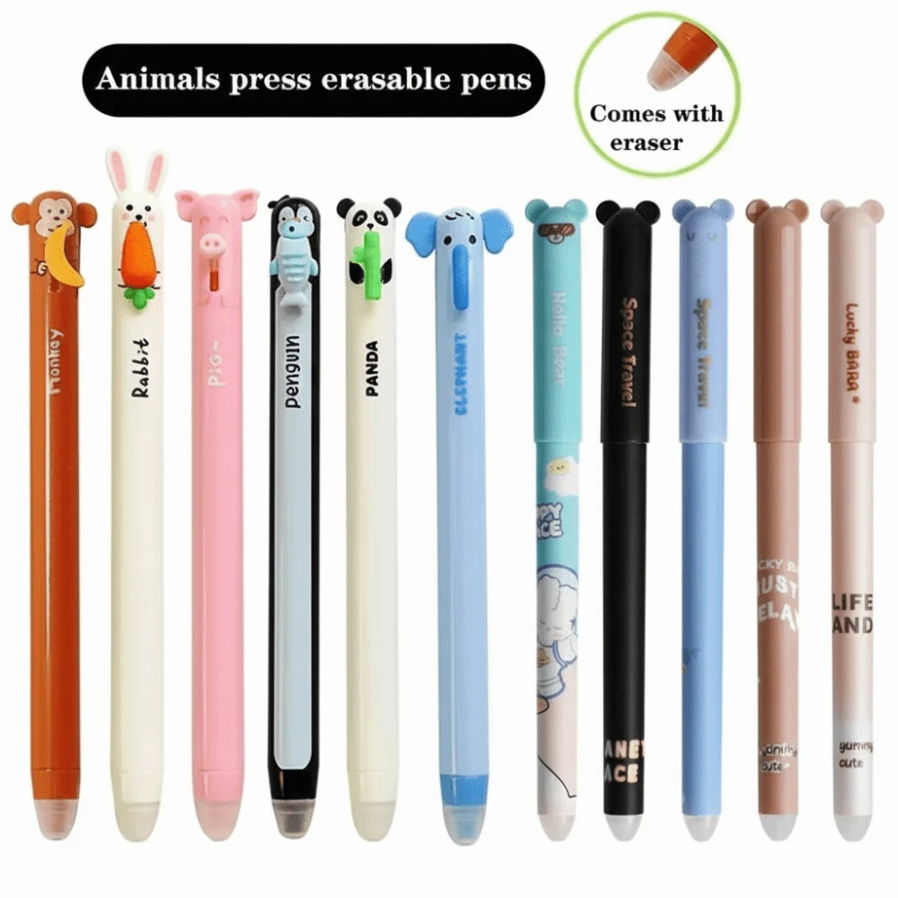 6PCS/Set Cute Animal Shape Erasable Pen Set Blue Ink Writing Tool Gel Pen Quick Drying 0.7mm Tip Sign Pen Back To School Gift