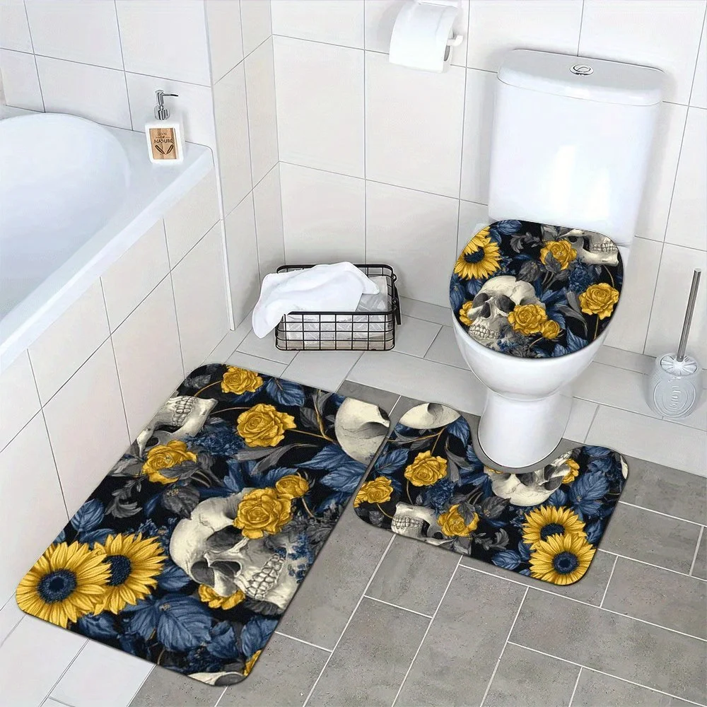 

3pcs Soft & Absorbent Plush Bath Mats Non-Slip, Washable, Comfortable, Creative Skull with Sunflowers Bath Blanket for Shower Ro