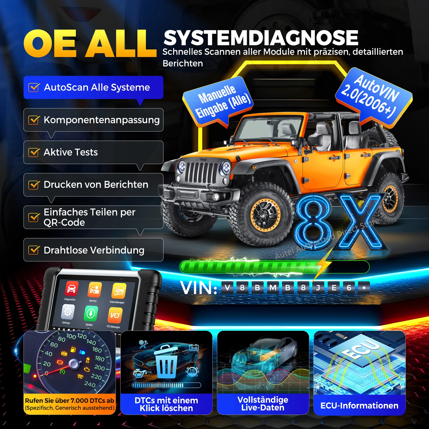 Autel MaxiCOM MK808BT PRO Kabelloses OBD2-Diagnosegerät, Kfz-Scanner, Diagnose aller Systeme, 3000+ Tests, PK MK900BT MK808S – Detail 9