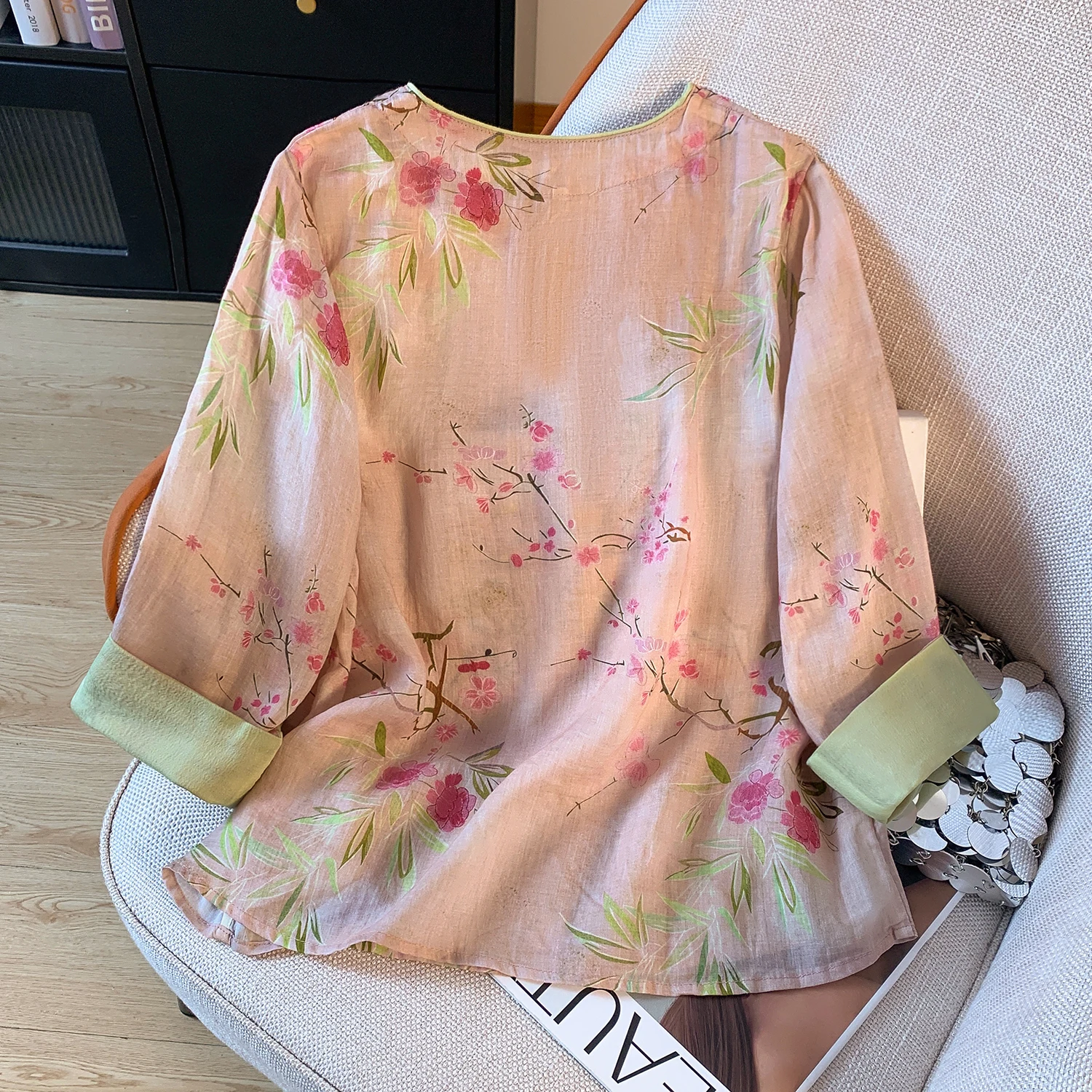 Neue Chinesische Sle runde Ne Gedruckt Flachs irt frauen Frühling Herbst Retro Nationalen Künstlerische Tee Kleidung Elely Geraffte...