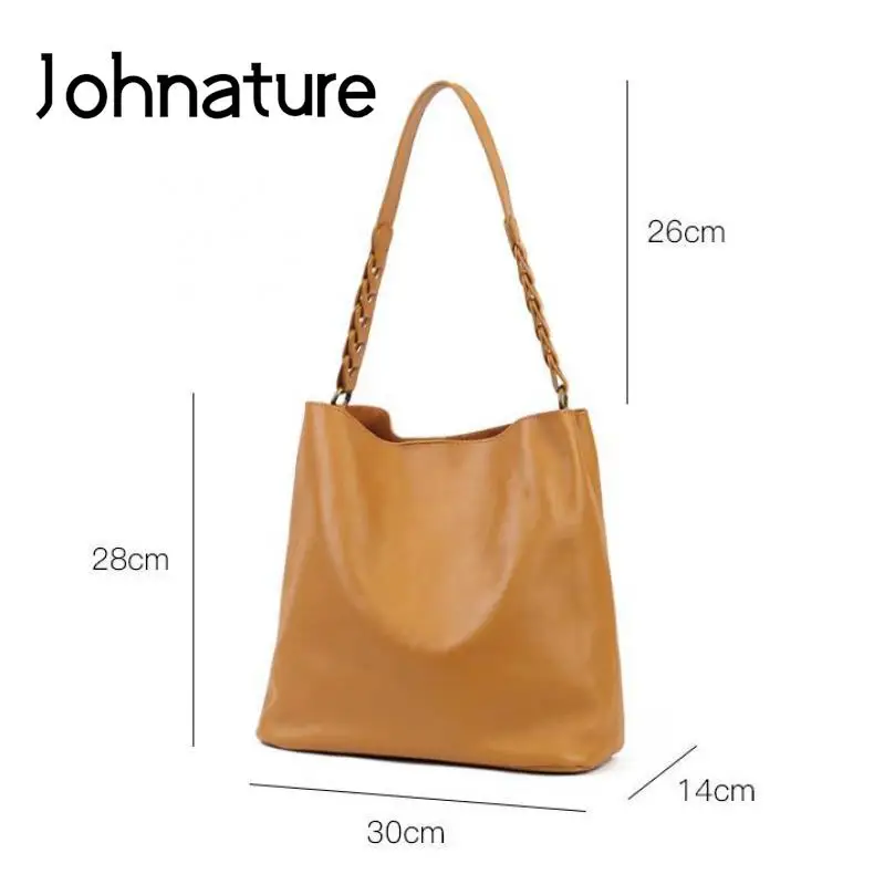 Johnature borsa tote da donna alla moda in vera pelle 2024 nuove borse a tracolla versatili semplici in vera pelle bovina morbida naturale tinta