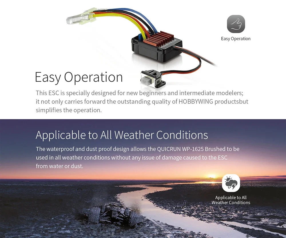 Hobbywing QuicRun 1060 60A/360A 1625 25A/100A 1080/80A Wasserdichter Brushed ESC 2-3S LiPo für 1:10 1:18 1:16 Onroad- und Offroad-Autos – Detail 6