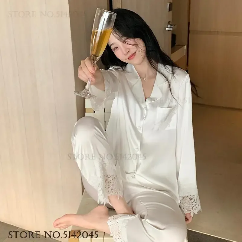 

Women 2Pcs Pajamas Set Elegant White Ice Silk Long Sleeve Trouser Pijamas Suit Home Clothes Spring Autumn Loose Slwwpwear Pyjama