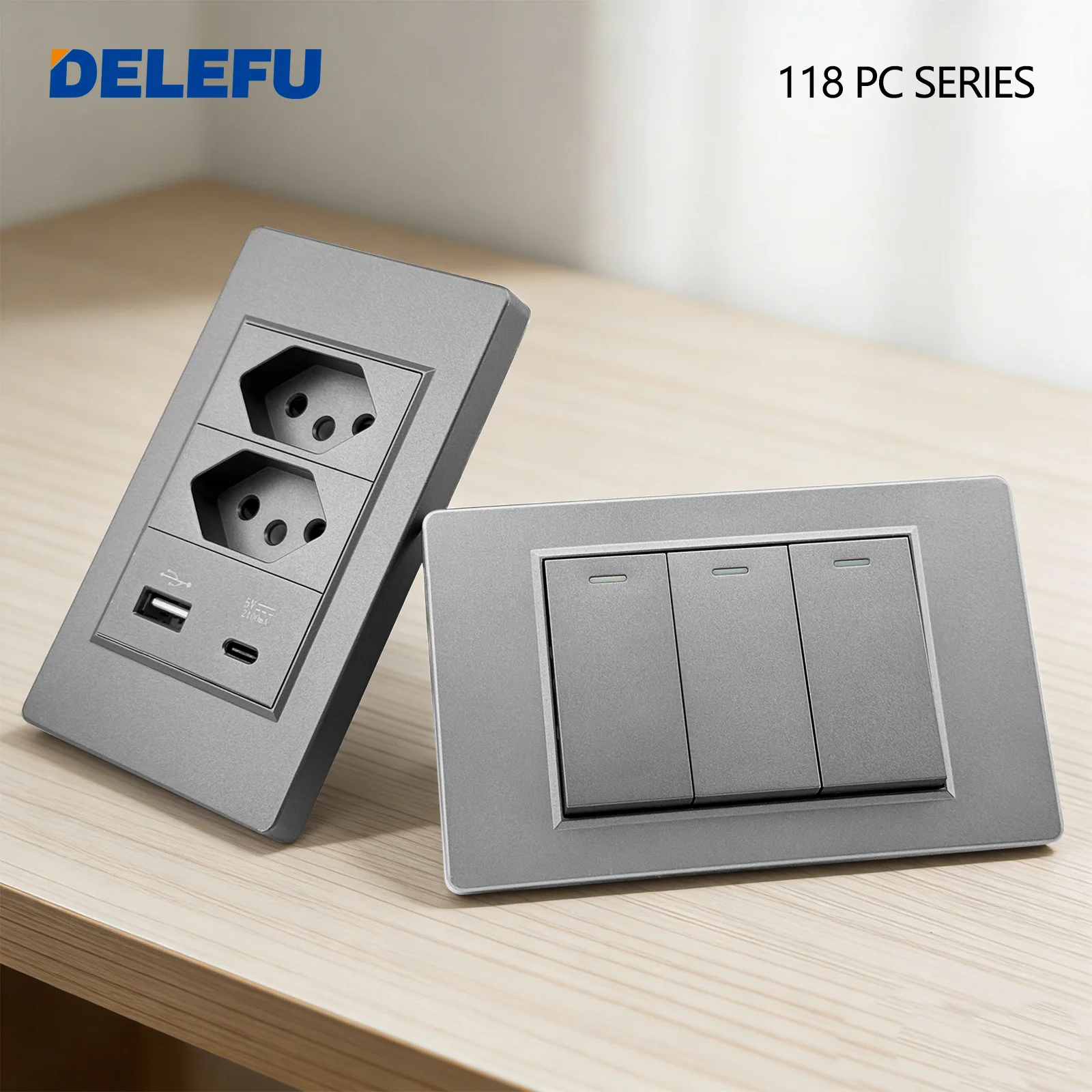 Tomada de Parede Padrão Brasileiro DELEFU Cinza com Painel de PC, Tomada Dupla USB Tipo C, Interruptor de Luz, Plugue Elétrico para Casa e Escritório 10A 20A