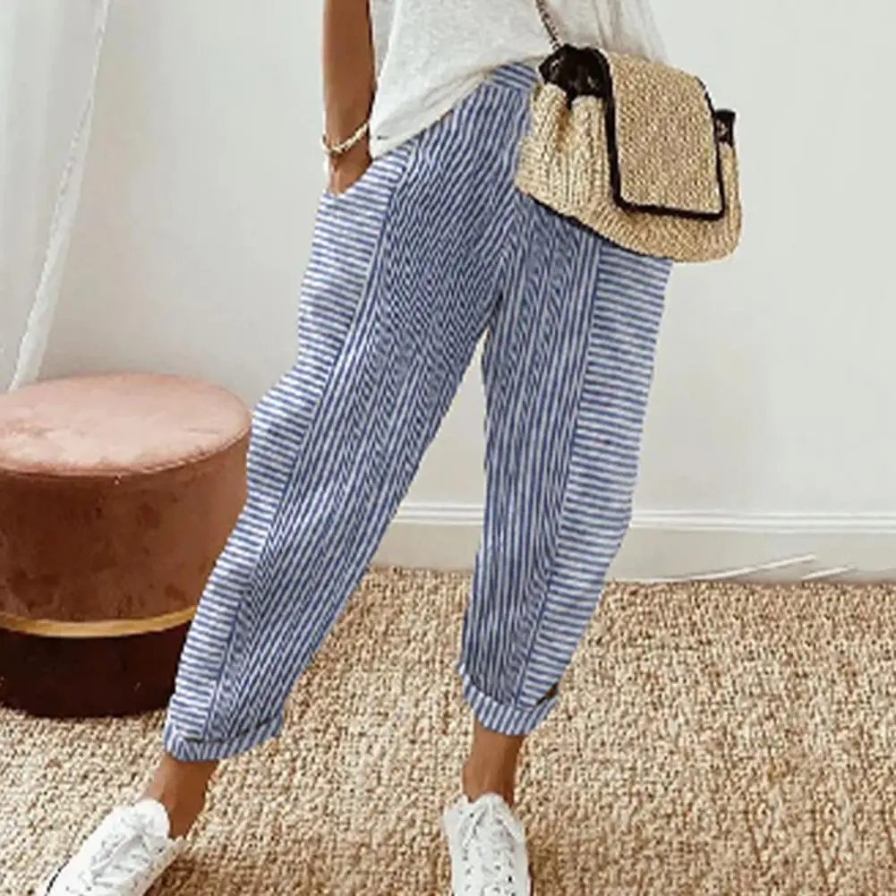 Women Casual Pants Elastic Waist Mid-rise Summer Jacquard Long Pants With Pockets Striped Print Loose Fit Striped Linen Trousers