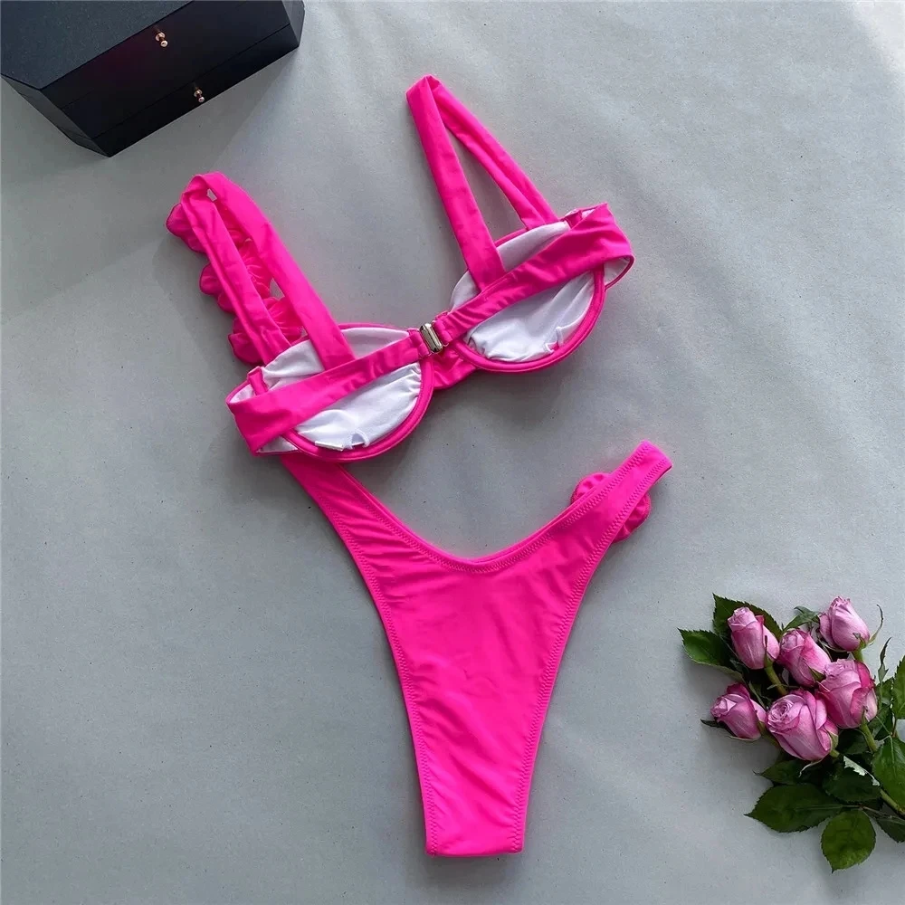 Sexy 3D Flower Rose Red Push Up Bikinis Sets Women Swimsuit 2024 High Leg Cut Swimwear Underwire Bathing Suit Micro Bikini Mujer