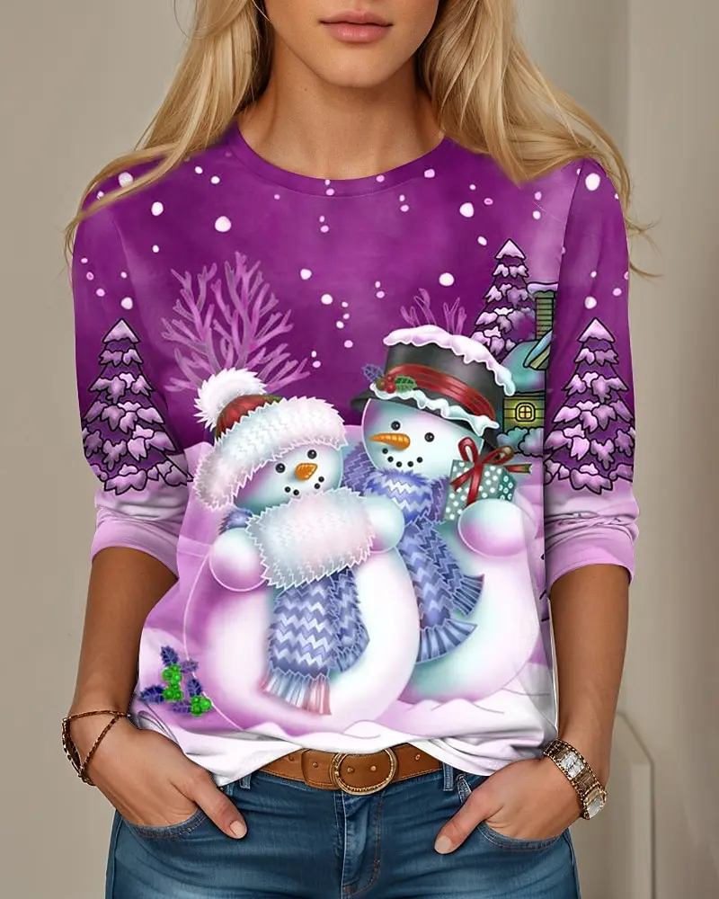 Christmas women\'s round neck sweatshirt snowman print long sleeve Christmas weekend holiday round neck regular spring and autumn