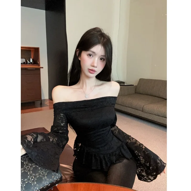 

Сексуальное кружевное платье миди с вырезами и рукавами-колокол, в стиле Pure Desire, черное, соблазнительное, с длинным рукавом и одним открытым плечом