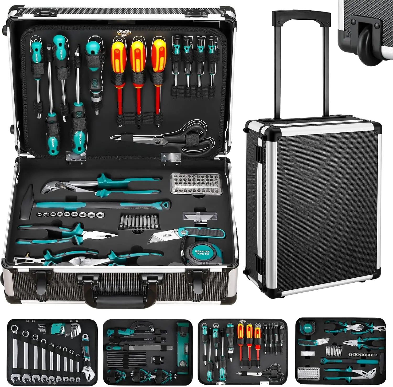 Huisgereedschapset - 128-delige gereedschapset voor thuis en autoreparatie met rolkoffer, complete handgereedschapset, perfect voor huiseigenaren en doe-het-zelvers
