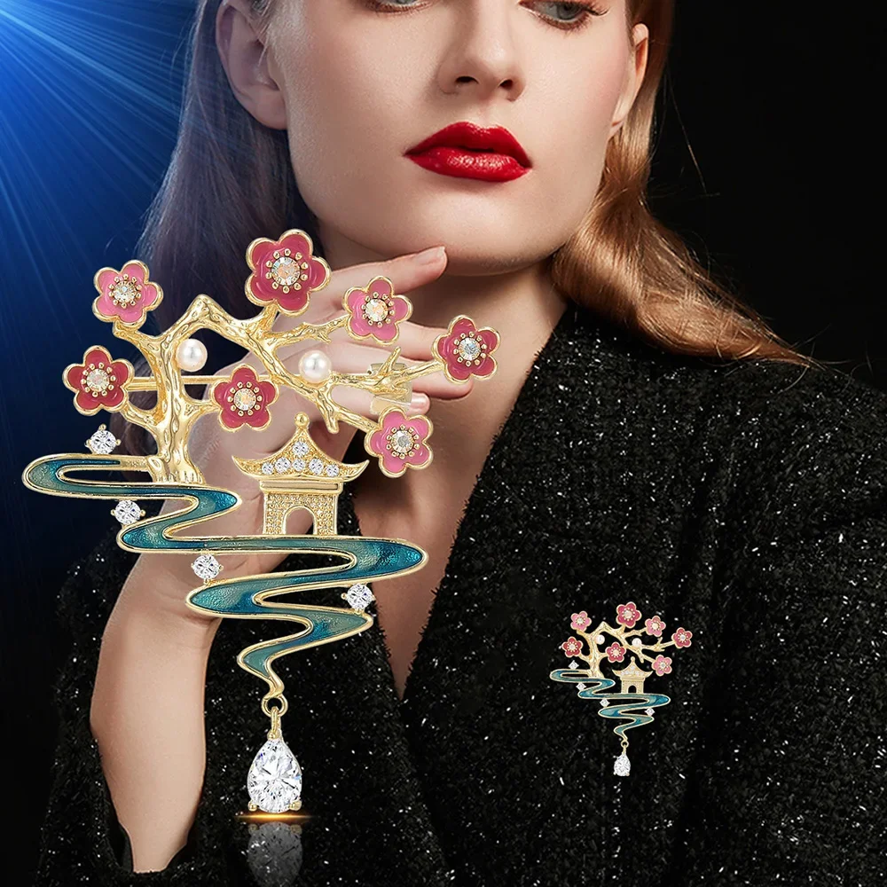 Design Clothing Simulation Pearl Flower Brooch Accessories Chinese Attic Palace Brooches Exquisite Enamel Jewelry Gifts