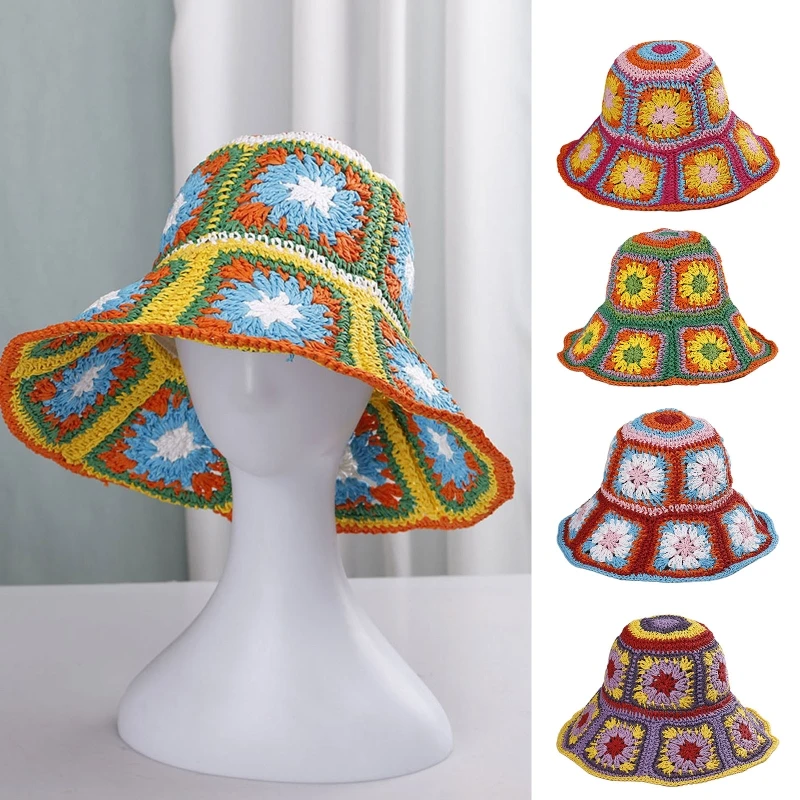 Adult\'s Boho Style Wide Brim Foldable Crochet Bucket Hat Summer Outdoor Dropshipping