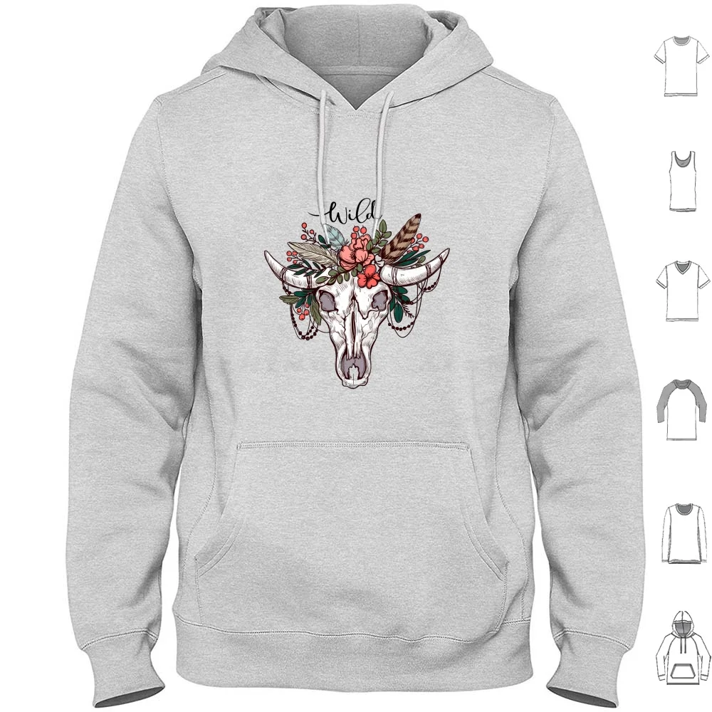 Wild-Fearless Products Hoodies Long Sleeve Skull Bones Flowers Feathers Tribe Native Wild