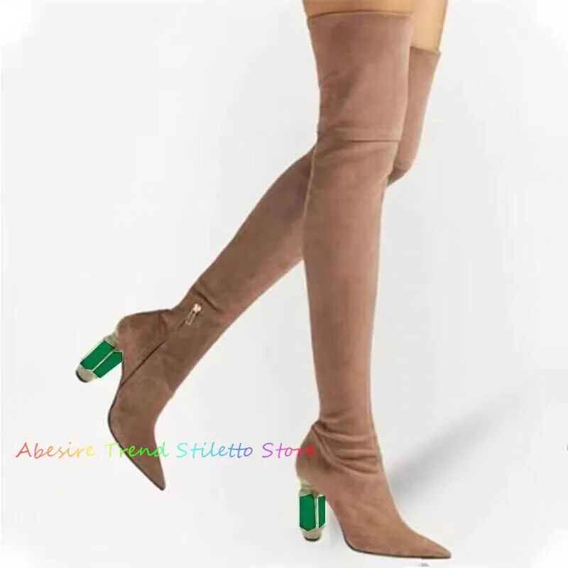 Women's High Heels Over Knee Length Boots Pointed Toe Crystal Heel Suede Stretch Boots Ladies Side Zipper Winter Slim Booties