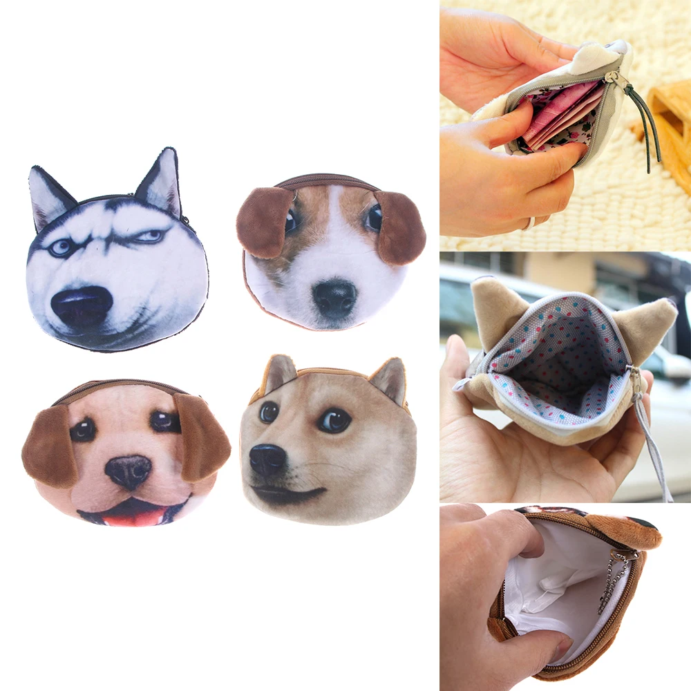 2022 New 3D Cute Animal Face Wallet Zipper Mini Coin Purse Cat Dog Cartoon Money Bag Card Holder Headphone Key Case Wallet