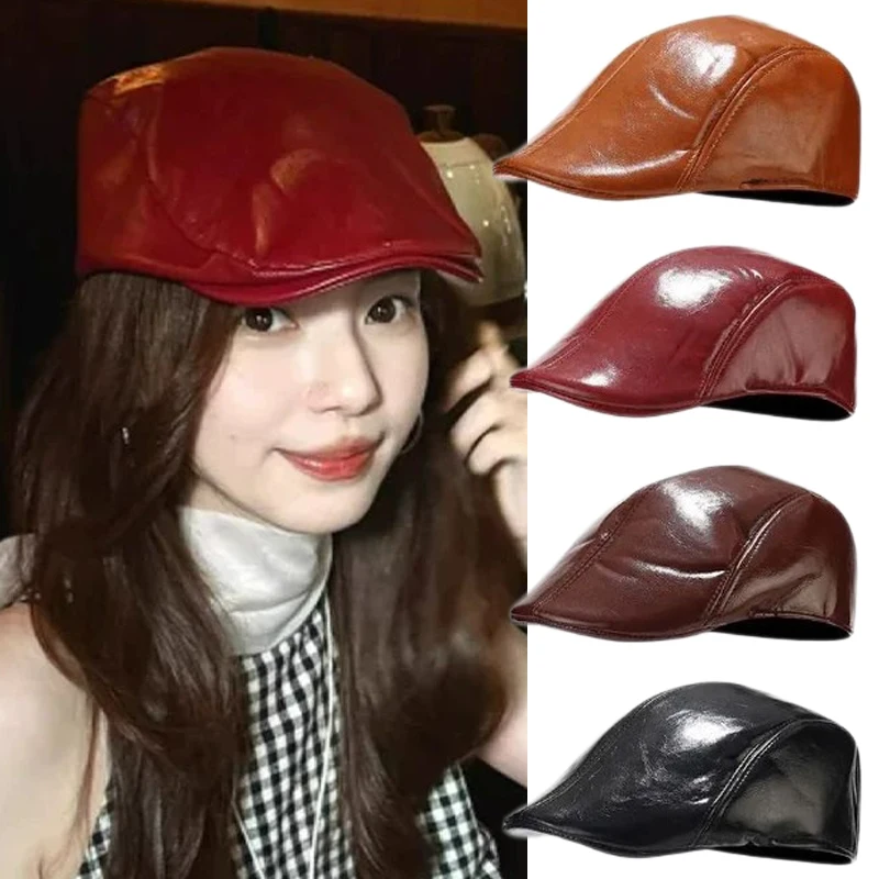Fall Winter Women Beret Pu Leather Peaked Forward Cap Fashion Beret Hat PU Leather Warm Brim Flat Cap British Painter Hat