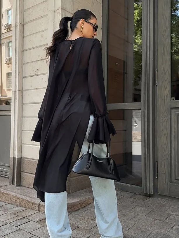 2025年ファッションシフォンシャツ レディース ブラックメッシュイレギュラーヘムラウンドネックロータススリーブ長袖トップス