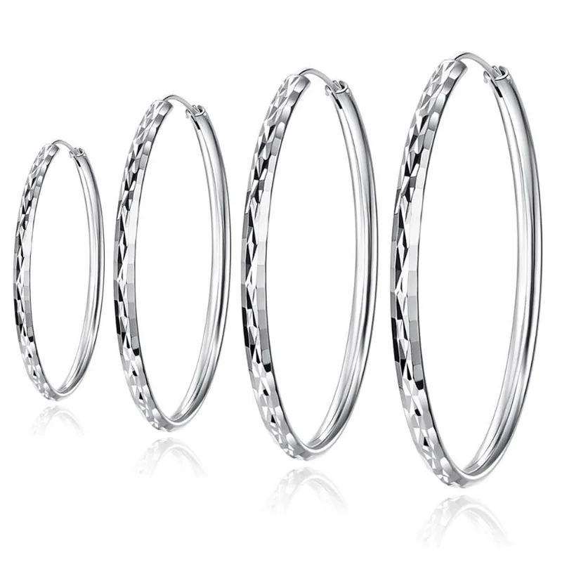 Echte 925 Sterling Silber 30/40/50/60mm Faden runde Creolen für Frauen klassische feine Schmuck Kreole Huggies