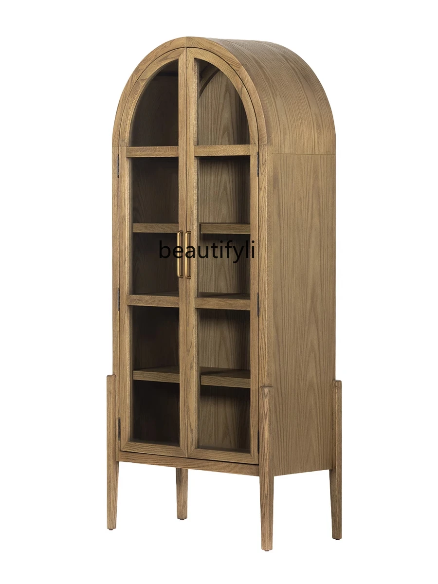 

American-Style Solid Wood Bookcase Ash Vintage Arch Locker All-in-One Cabinet Glass Door Storage Cabinet