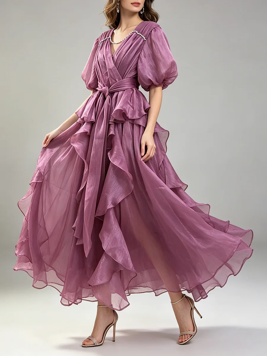 TWOTWINSTYLE Folds Mesh Dresses for Women V Neck Puff Sleeve High Waist Loose Solid Spliced Diamonds Dress Female Fashion 2026