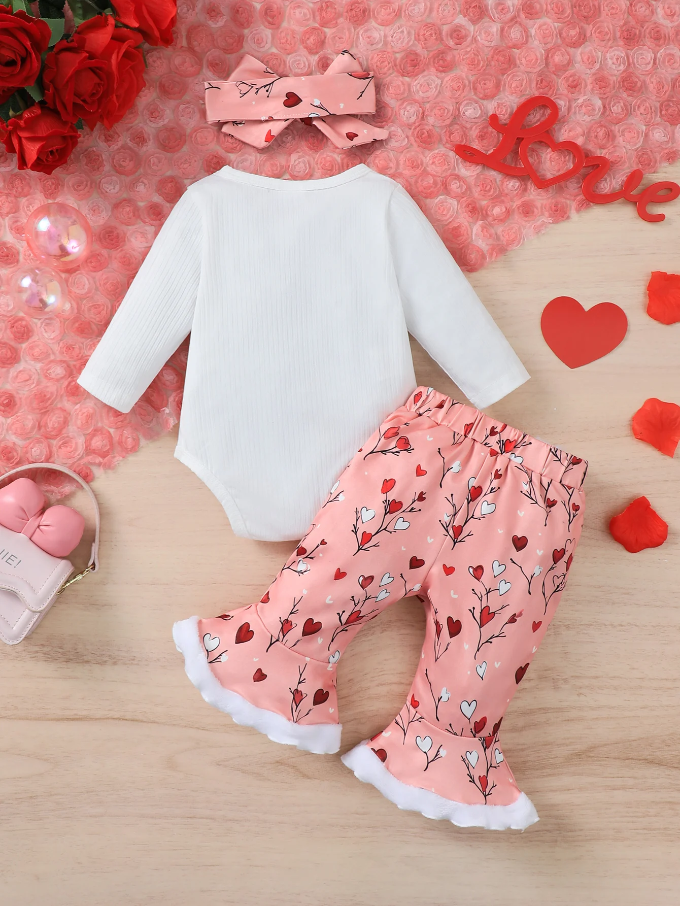 Baby Girl's Fashion Print Long Sleeve Romper + Flared Pants + Headband Autumn Winter Casual Wear Outfit Set