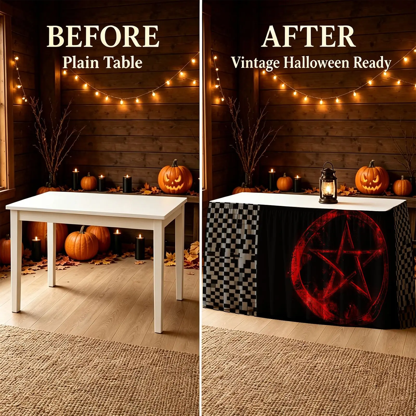 A set of black background checkered tablecloth with a terrifying red five-pointed star pattern, suitable for Halloween.
