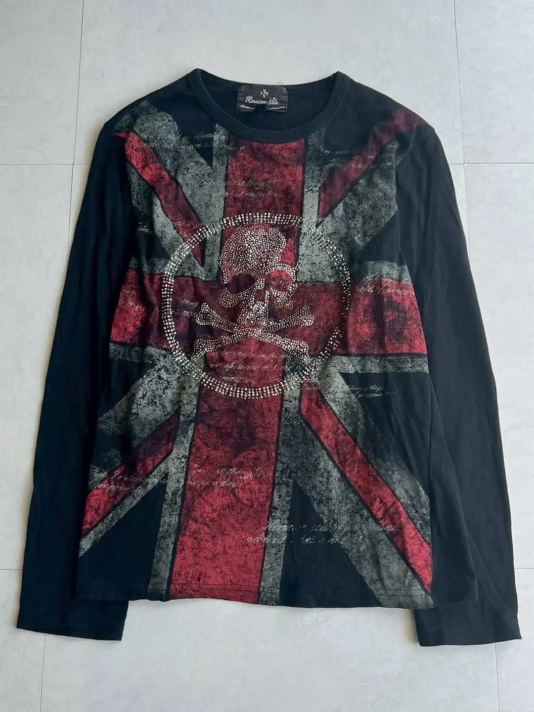 Camiseta Vintage de manga larga con cuello redondo y estampado de elemento de calavera y bandera británica Y2K, ropa de calle informal gótica de Hip Hop