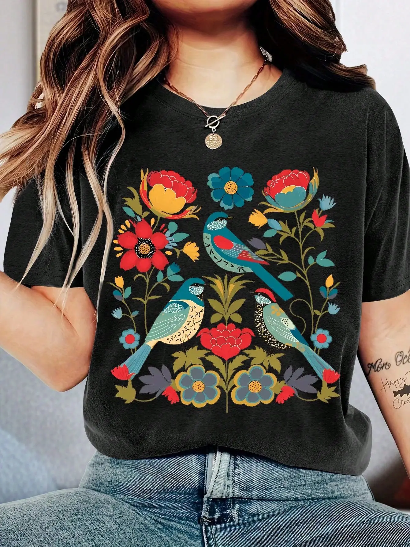 

Plus - Size Women's Short - Sleeve T - shirt, Colorful Birds & Flowers Folk - Art Print, Bohemian & Stylish