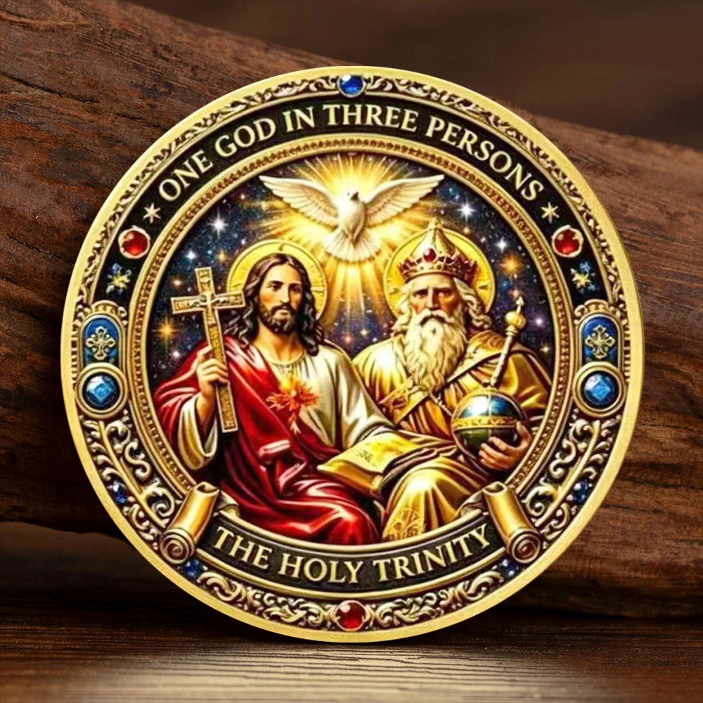 Pièce commémorative chrétienne de la Sainte Trinité, le Père, le Fils, l'Esprit Saint, verset biblique Jean 1:1, pièce de collection plaquée or