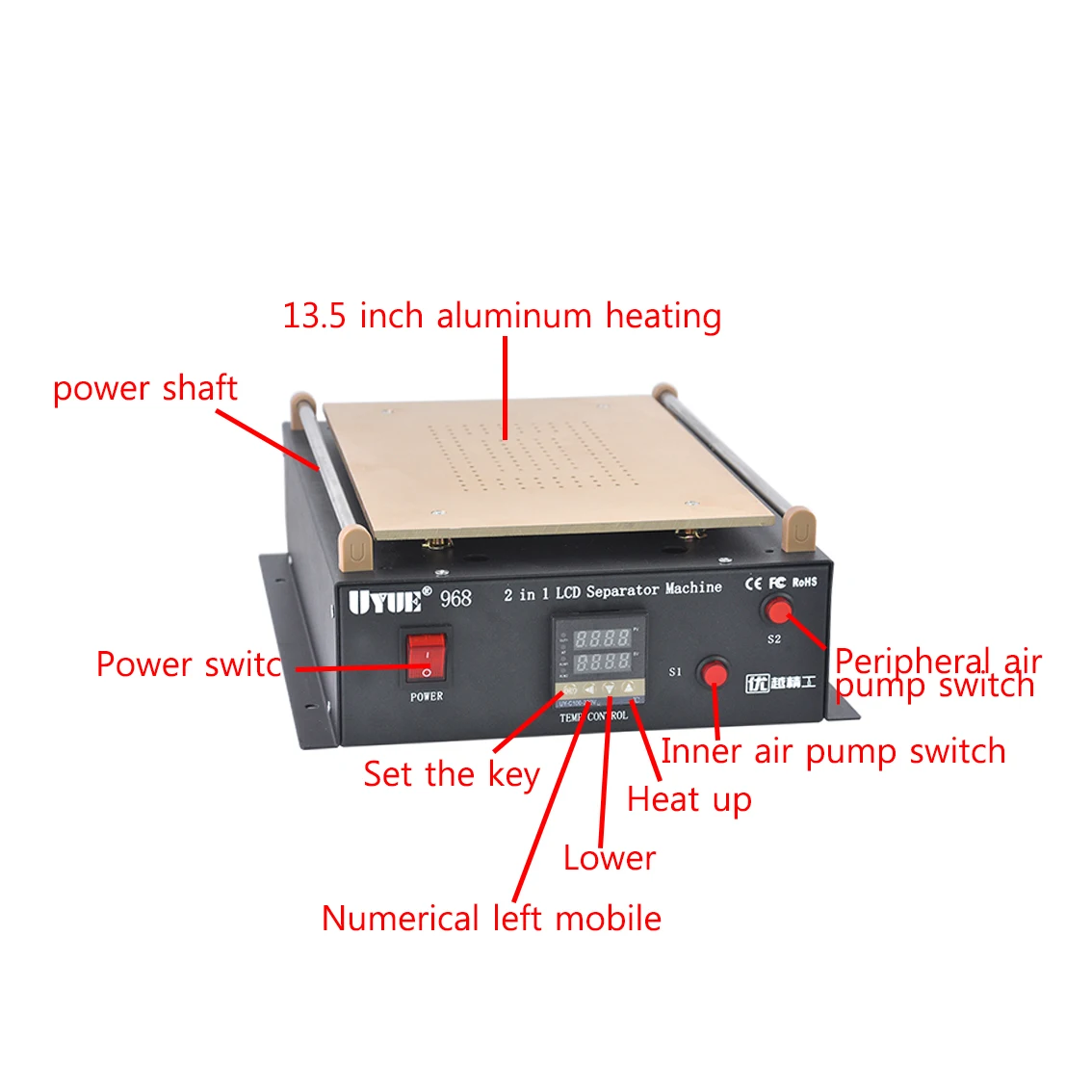 UYUE968 14 pollici built-in Air Dual Pump Vacuum Pump LCD Separator Screen Repair per IPad/Samsung Tablet Repair Machine Kit