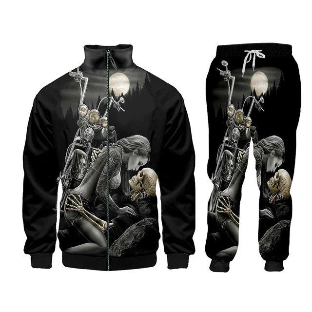 Men's 3D Print Motorcycle Skull Pullover Hooded Winter Men's Sets Hoodies Sweatpants Two Pieces Bodybuilding Tracksuit oversized