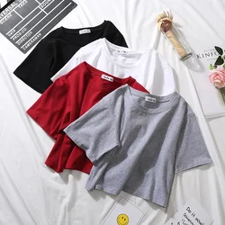 2025 Summer Short Sleeve T Shirts Women Cotton Solid T-shirt  O Neck High Waist Crop Top Tee Female Casual Loose  T Shirt