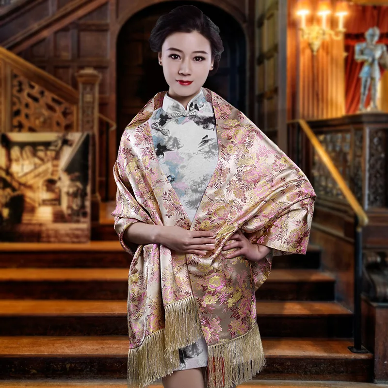 Chinese Style Shu-Brocade Scarf Women Elegant Shawl and Wraps Vintage Jacquard Pashmina Birthday Gift Echarpe Plus Size 205*55Cm