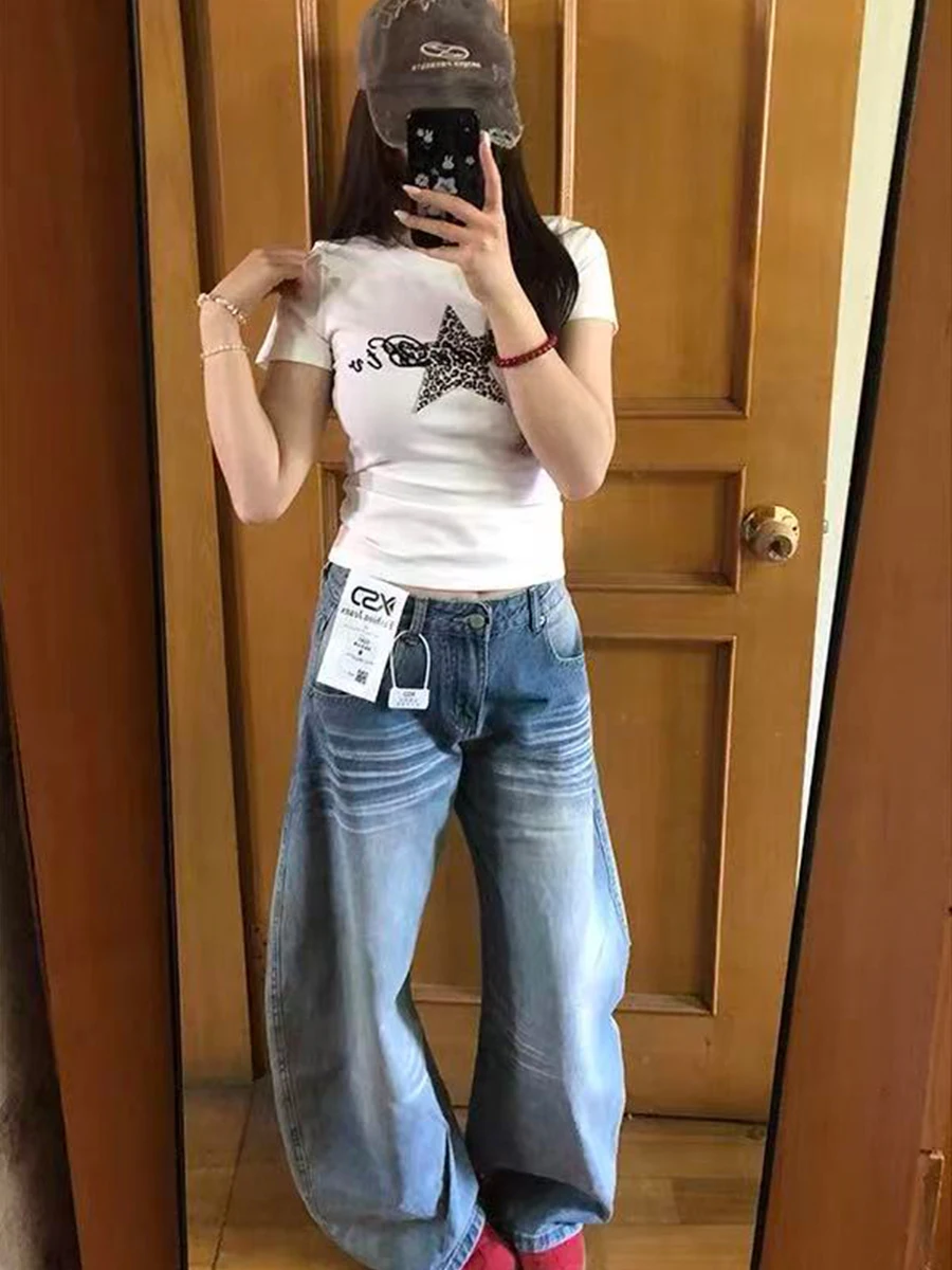 

Low Waist Wide Leg Jeans Women's Spring Summer Slimming Straight Cut Trousers Bootcut Denim Pants American Retro Style plus Size