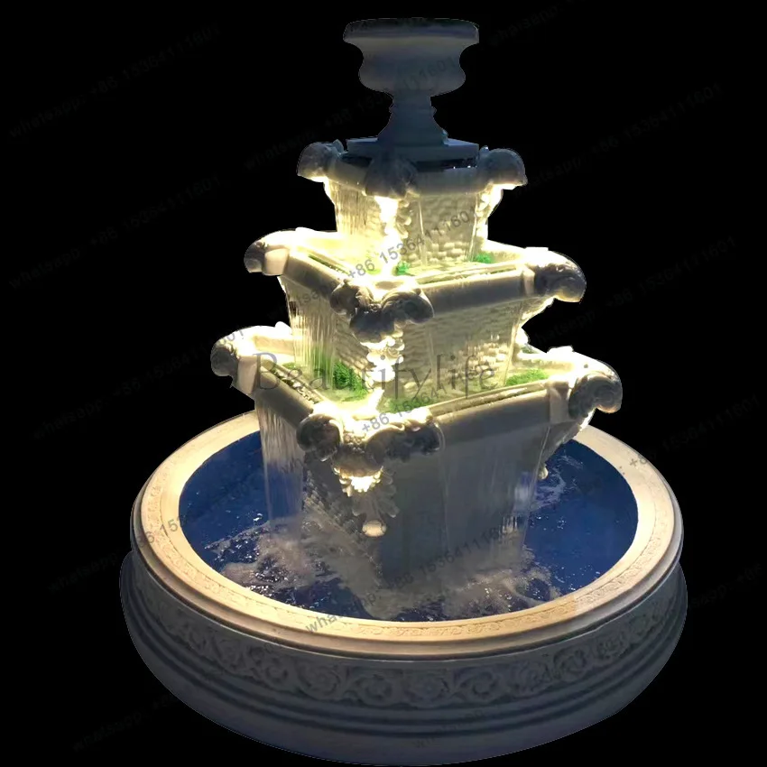 Exquisite Large Sandstone Four-Sided Waterfall Fountain Indoor and Outdoor Water Landscape Hotel Lobby Floor Water Features