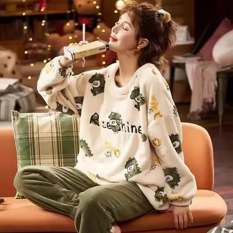 بيجامة مخططة للسيدات من Mujer ملابس منزلية للخريف أطقم مخملية مطبوعة بيجامات شتوية من الفلانيل 2 ملابس نوم Pjs